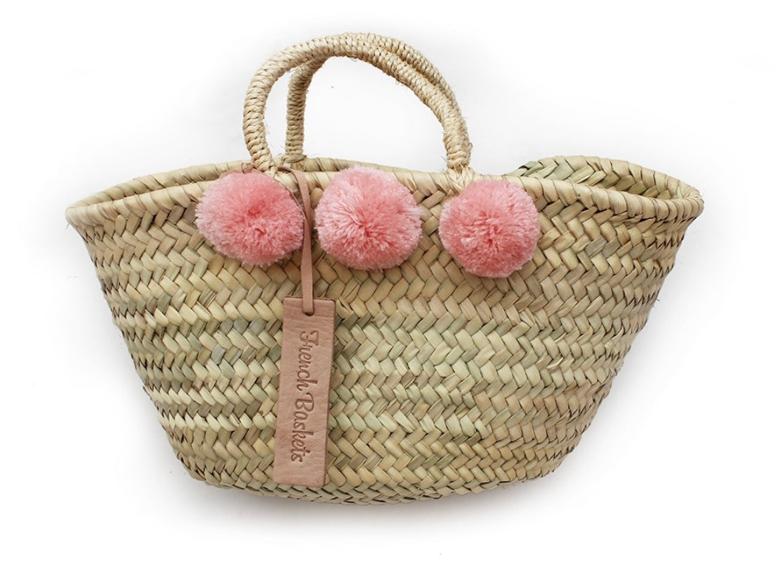 French Basket Small Wool Pom Pom White Brown Sand : French 